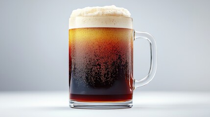 A frosty glass of beer filled with dark liquid and bubbling foam, showcasing a refreshing beverage, perfect for social gatherings.