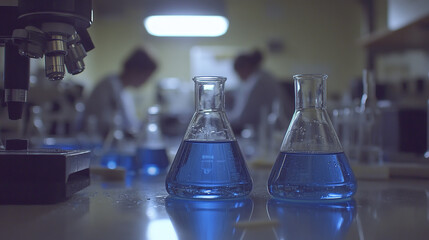 Scientists conducting experiments with beakers and test tubes in a lab, blurred figures in the background engaged in research.