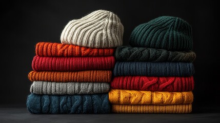 A cozy display of colorful knitted beanies stacked neatly, showcasing various textures and materials against a dark background.