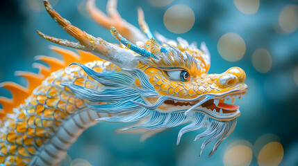 Close-up of a Golden Dragon Sculpture with Blue and Yellow Colors