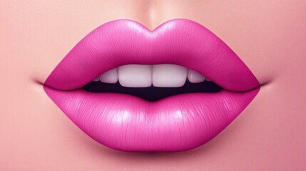 Fototapeta premium Glossy pink lips with a vibrant hue and subtle shine, showcasing a perfect smile and smooth texture.