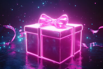 Glowing gift box with neon ribbon on dark background.