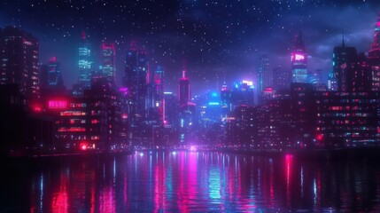 A vibrant city skyline at night, illuminated by colorful neon lights reflecting on the water.