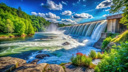 Fototapeta premium Experience nature's might with stunning views of a dam's flooding, showcasing hydropower's influence and inspiring awareness for conservation efforts in our beautiful environment.