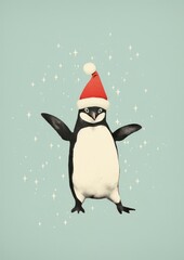 Fototapeta premium A Happy dancing penguin celebrating Christmas wearing Santa hat christmas animal bird.