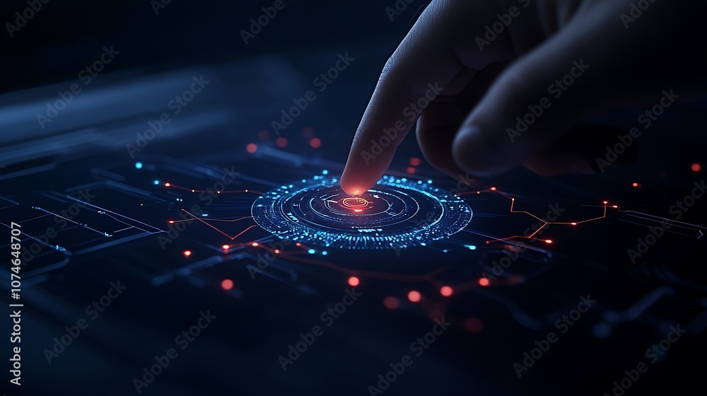 Poster a hand touches a glowing, digital interface displaying vibrant blue and red circuits, symbolizing te