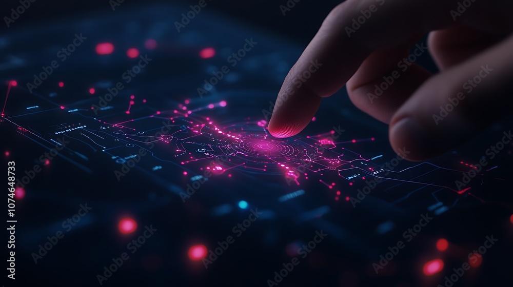 Leinwandbilder a close-up of a finger interacting with a digital interface, featuring vibrant pink and blue data po