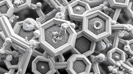 Microscopic view of graphene structure revealing intricate atomic patterns. Advanced material science and nanotechnology exploration.