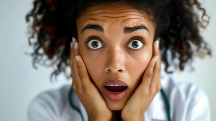 Woman with wide eyes and hands on her cheeks, expressing shock or surprise. Curly hair frames her face, and her intense gaze captivates viewers