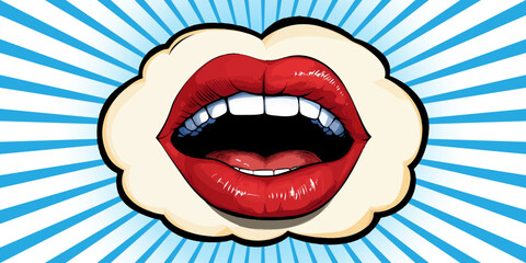 Obraz premium Abstract comic book-style background with red lips and sharp teeth in a pop art vector illustration on a background.