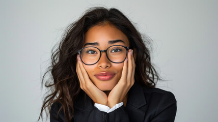 Smiling woman with glasses holding her face gently, exuding confidence and charm. Wavy dark hair frames her relaxed expression, creating a professional yet approachable vibe