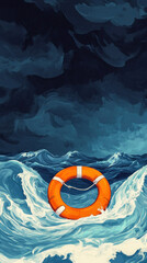 Obraz premium Lifebuoy floating on rough sea under stormy sky symbolizing hope and rescue