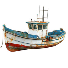 Obraz premium Weathered Fishing Boat Stands Tall on the Shore