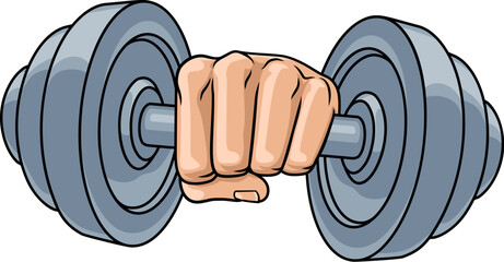 A cartoon fist hand holding weight lifting dumbbell gym illustration.