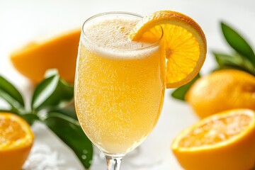 A refreshing sparkling beverage garnished with an orange slice, surrounded by fresh oranges, perfect for a sunny day.