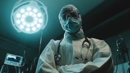 Doctor in full surgical gear with a stethoscope around their neck, preparing to enter the operating room, with surgical lights and equipment visible behind.