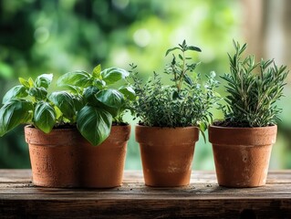 Fototapeta premium Herb Garden with Potted Plants on Rustic Wooden Table in Outdoor Setting