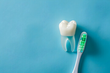Obraz premium White toothbrush with green bristles and artificial transparent plastic tooth on blue background