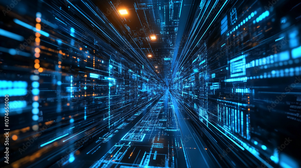 Poster a digital corridor lined with glowing blue lines and data streams. the perspective creates a sense o
