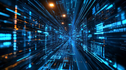 Obraz premium A digital corridor lined with glowing blue lines and data streams. The perspective creates a sense of speed and movement, representing the rapid pace of technological advancement
