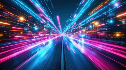 Abstract image of colorful light trails on a city road at night, creating a dynamic and energetic atmosphere.