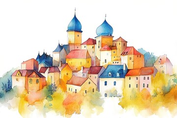 Beautiful czech small european town hand drawn watercolor illustration poster oil canvas acrylic painting
