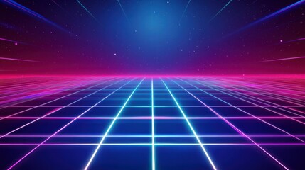 A vibrant, futuristic grid landscape featuring neon colors with blue, pink, and purple hues emanating from the horizon.
