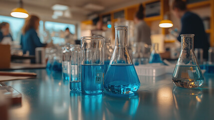 Scientists conducting experiments with beakers and test tubes in a lab, blurred figures in the background engaged in research.