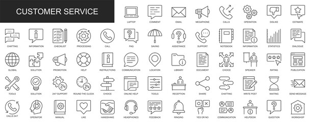 Customer service web icons set in thin line design. Pack of feedback, online help, technical support, call, chatting, processing, solution, faq, other outline stroke pictograms. Illustration.