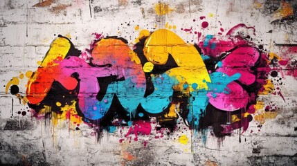 Vibrant graffiti artwork featuring colorful splashes of pink, yellow, and blue against a textured brick wall.