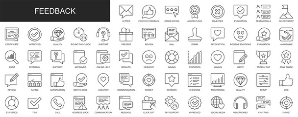Feedback web icons set in thin line design. Pack of review, business, satisfaction, survey, comment, rating, award place, evaluation, achievement, other outline stroke pictograms. Illustration.