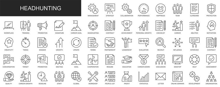 Head hunting web icons set in thin line design. Pack of recruitment, business strategy, management, team training, workplace, interview, deadline, other outline stroke pictograms. Illustration.