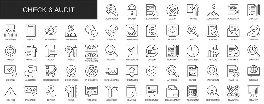 Check and audit web icons set in thin line design. Pack of money examination, quality, result, discussion, monitoring, evaluation, review, target, other outline stroke pictograms. Illustration.
