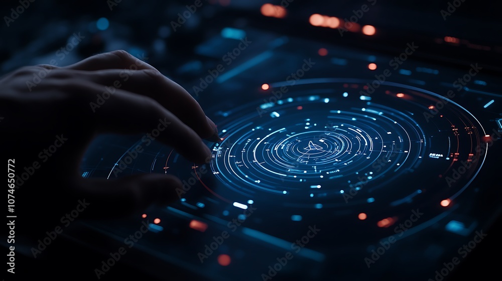 Aufkleber a hand interacts with a futuristic interface featuring a star map, illuminated by vibrant blue and r