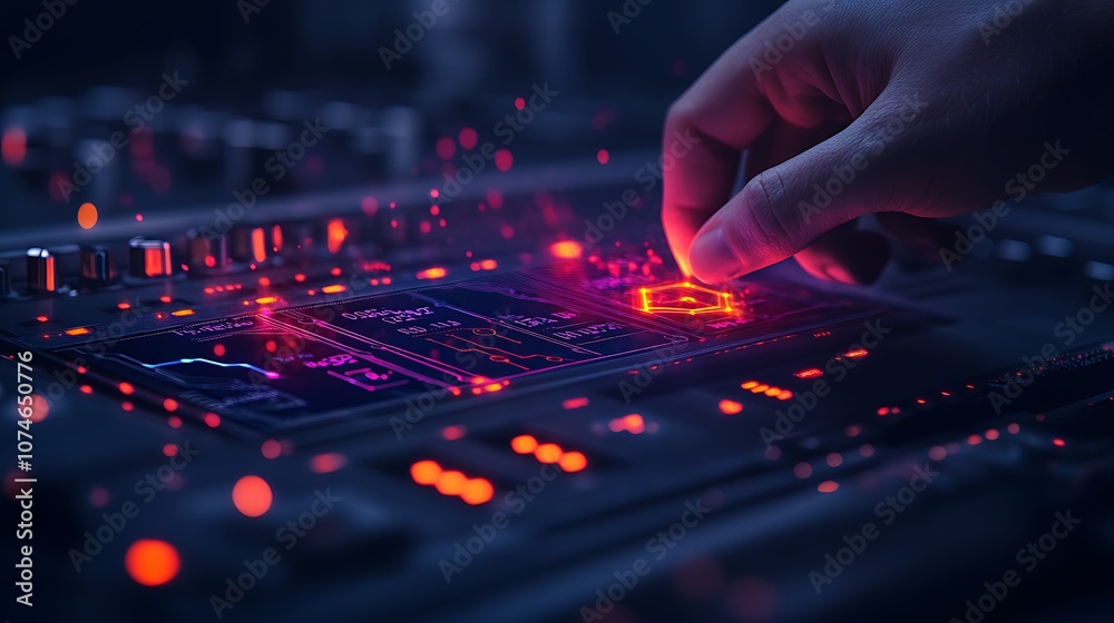 Aufkleber a close-up of a hand adjusting a colorful electronic circuit board with glowing lights, highlighting