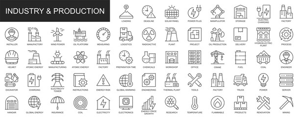 Industry and production web icons set in thin line design. Pack of renovation, power, storage, logistics, factory, manufacture, engineer, plant, other outline stroke pictograms. Illustration.