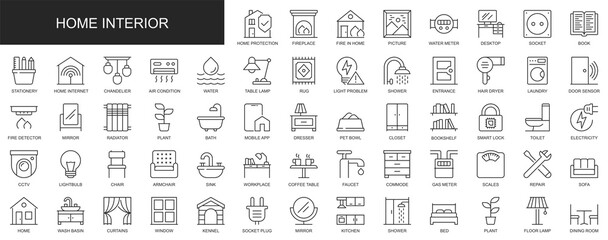 Home interior web icons set in thin line design. Pack of desktop, book, stationery, chandelier, lamp, shower, laundry, door, dresser, electricity, other outline stroke pictograms. Illustration.