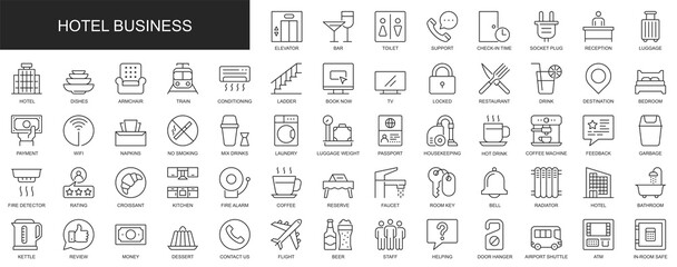 Hotel business web icons set in thin line design. Pack of elevator, bar, toilet, reception, luggage, restaurant, kitchen, bedroom, reserve, room, other outline stroke pictograms. Illustration.
