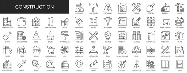 Construction web icons set in thin line design. Pack of paint roller, step ladder, tools, trowel, building, crane, drawing, fence, real estate, other outline stroke pictograms. Illustration.
