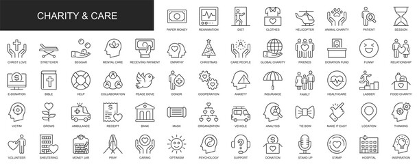 Charity and care web icons set in thin line design. Pack of donation, healthcare, money, clothes, helicopter, organization, volunteer, shelter, other outline stroke pictograms. Illustration.