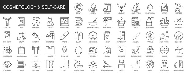 Cosmetology and self care web icons set in thin line design. Pack of beauty, vitamin, jewelry, healthy food, moisturizing, dentistry, fitness, other outline stroke pictograms. Illustration.