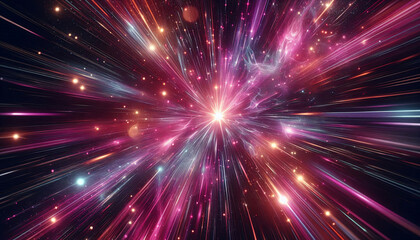 Fototapeta premium Abstract background in blue and purple neon glow colors on black. Speed of light in galaxy. Explosion in universe. Cosmic background for event, party