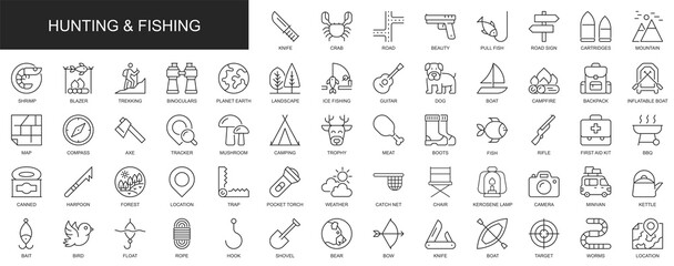 Hunting and fishing web icons set in thin line design. Pack of knife, mountain, trekking, binoculars, camping, pull fish, mushroom, forest, map, other outline stroke pictograms. Illustration.