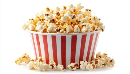 A striped bucket overflowing with buttery popcorn, perfect for movie nights or snacking, includes scattered pieces around it.