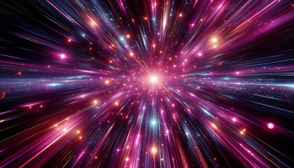 Naklejka premium Abstract background in blue and purple neon glow colors on black. Speed of light in galaxy. Explosion in universe. Cosmic background for event, party