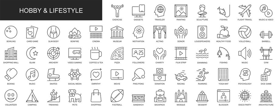 Hobby and lifestyle web icons set in thin line design. Pack of exercise, gadget, traveler, sculpture, museum, gym, social media, psychology, game, other outline stroke pictograms. Illustration.