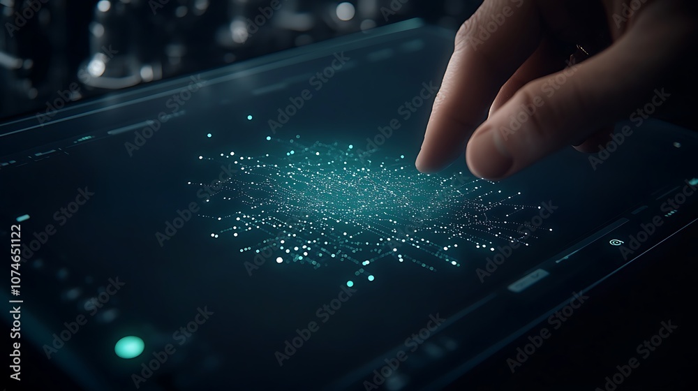 Poster A hand interacts with a glowing, digital touchscreen displaying a network of particles or stars, suggesting advanced technology and interactivity.