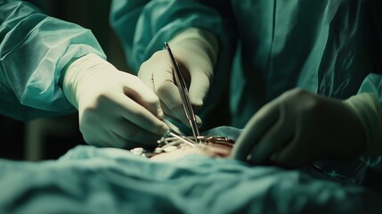 Close-up of a surgeon’s hands carefully operating with surgical instruments during a procedure, with a sterile surgical drape covering the patient.