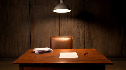 A dimly lit room features a wooden desk, a lone chair, and scattered papers, creating a mysterious and suspenseful atmosphere.