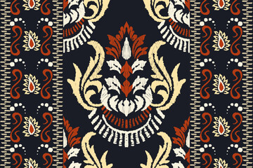 Embroidered Ikat flower pattern on a black background. Traditional ethnic ikat, Aztec abstract vector pattern, seamless pattern in tribal, folk embroidery and Mexican style.